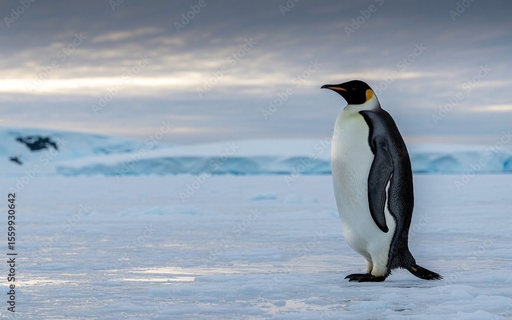Fototapeta premium Majestic Emperor Penguin Standing Alone on Icy Antarctic Landscape, Cloudy Sky