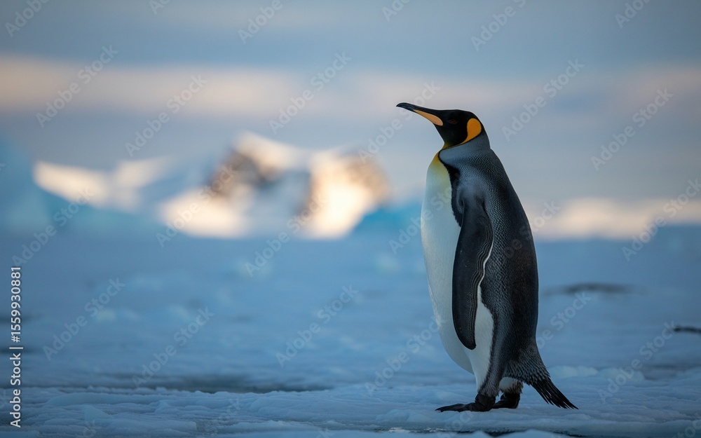 Fototapeta premium Majestic King Penguin on Antarctic Ice, Soft Light