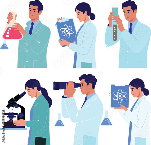 Illustration of scientists in lab coats using equipment and holding clipboards with atom symbol