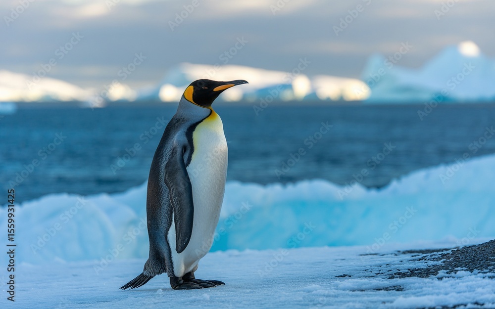 Fototapeta premium Majestic King Penguin Stands Proudly on Snowy Antarctic Landscape, Looking Away