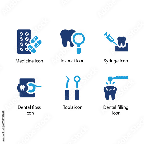 Medicine, Inspect, Syringe, Dental floss, Tools, Dental filling icon