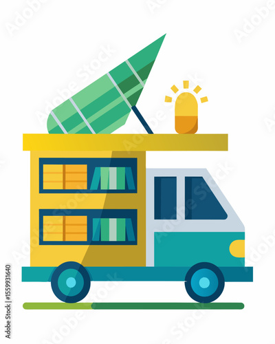 A mobile outdoor library powered by solar panels attached to its trailer bringing books and knowledge to remote communities and schools.. Vector illustration
