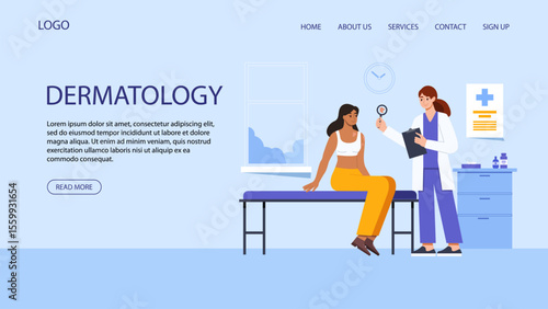 Dermatology Web Banner or Landing Page. Scene with Dermatologist Doctor with Magnifying Glass Diagnosing Skin Problem in Patient. Flat Vector Illustration.