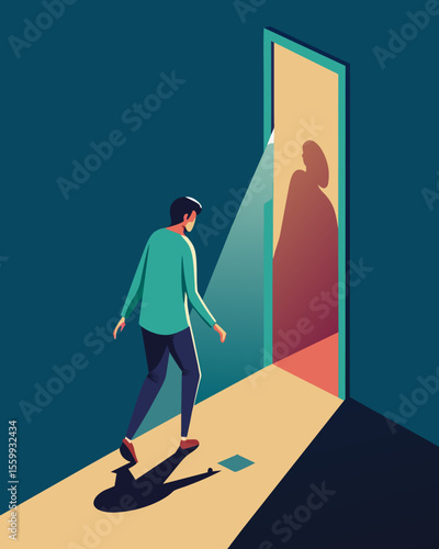 A person walking towards a mirror but their reflection is blocked by an invisible wall.. Vector illustration