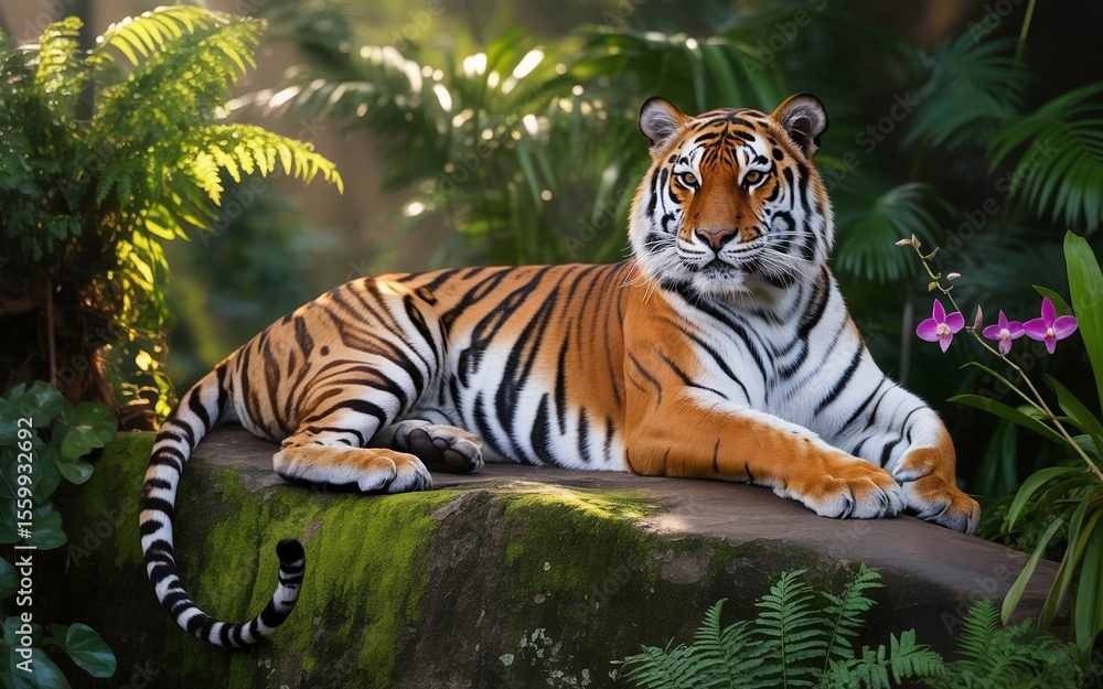 Obraz premium Majestic Tiger Resting on Mossy Rock in Lush Jungle