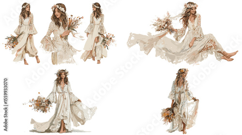 Bohemian-style floral women in flowing white dresses, holding wildflowers, perfect for fashion, nature, and wedding-themed watercolor illustrations.

