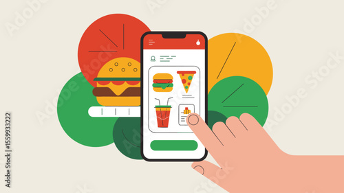 user's hand ordering fast food on smartphone app, vector illustration for food and restaurant ordering, mobile delivery and online takeaway service