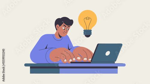 creative professional typing on laptop with idea lightbulb, vector illustration for focused individual work, creative writing and deep work session
