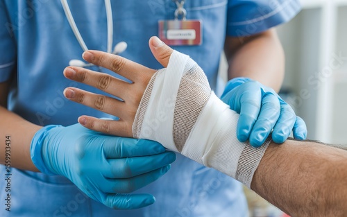 A medical professional bandages a patient's injured wrist in a hospital setting offering support and aid