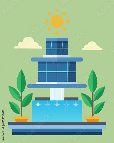A series of cascading fountains powered by the solar panels integrated into their design creating a soothing and sustainable water feature.. Vector illustration