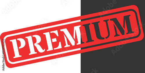 Bold red stamp with premium text on split white and black background