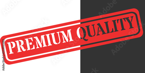 Red stamp declaring premium quality across a split white and dark gray background