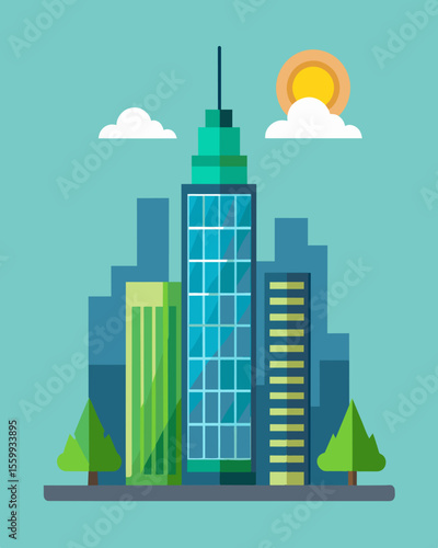 Against a backdrop of towering buildings a shimmering skyscraper stands out with its solar panelcovered exterior a beacon of green innovation.. Vector illustration
