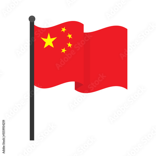 Waving Chinese flag on flagpole. Vector illustration of the flag of China mounted on a vertical flagpole with a rounded finial