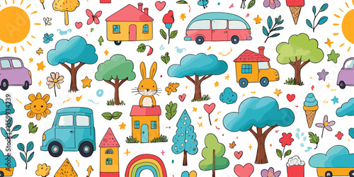 Colorful Hand-Drawn Cartoon Pattern with Cars, Trees, and Cute Animals in a Whimsical Landscape