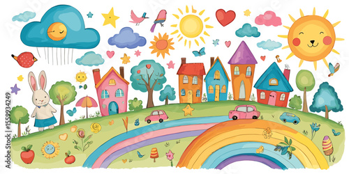 Whimsical Cartoon Village with Colorful Houses, Rainbow, and Playful Animals Under a Sunny Sky with Clouds and Birds