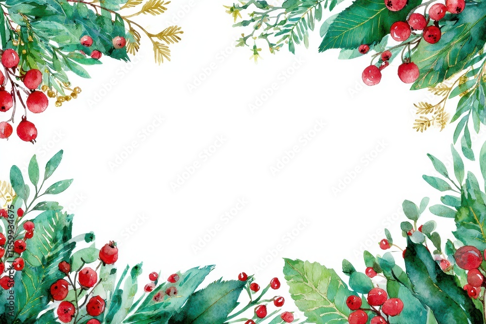 Fototapeta premium Christmas Border Clipart. Hand-Drawn Watercolor Frame for Greeting Card Design