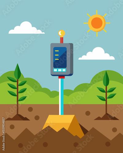 A solarpowered sensor buried deep in the ground recording soil moisture levels and providing crucial data for successful reforestation efforts.. Vector illustration