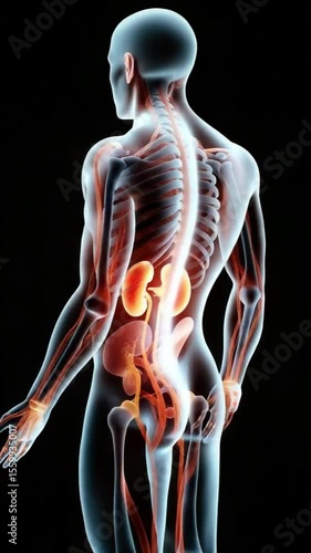 Human Anatomy 3 D Model Rotating Male Figure Skeletal System Muscular System Internal Organs Kidneys Adrenal Glands Ureter Digestive System Medical Education Science Animation