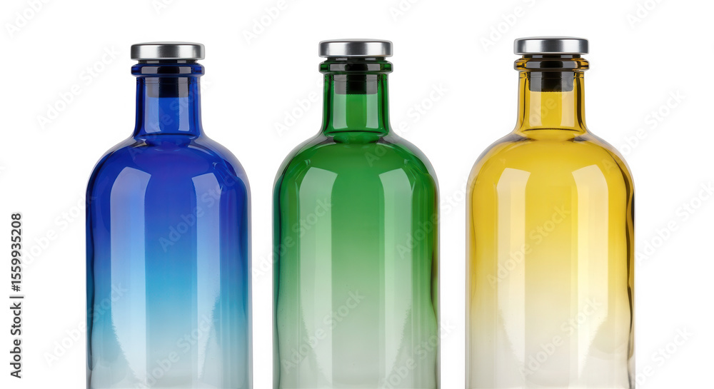 Three color gradient glass bottles isolated on transparent background Three color gradient glass bottles isolated on transparent background