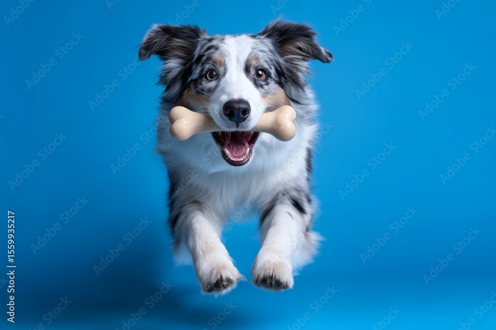 Fototapeta premium Energetic Australian Shepherd jumping with bone in mouth on blue background