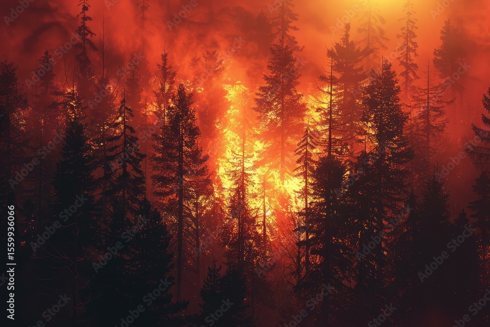 Fototapeta premium Intense flames engulf a dense pine forest, creating a dramatic and devastating scene of destruction