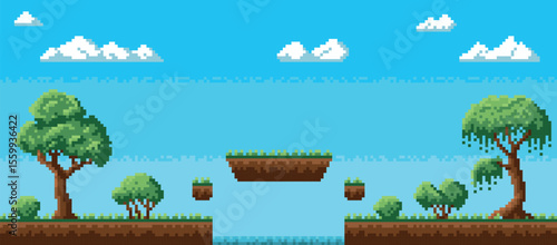 Pixel game interface. 8 bit retro graphic, nature location landscape, repeated trees, sky with clouds, soil and grass, green summer arcade horizontal background, qualitative vector concept