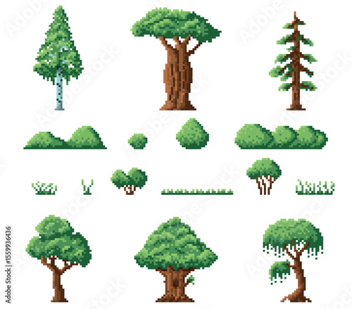 Pixel art bush and trees. Backyard or forest game location landscape elements, 8 bit nature graphic, coniferous and deciduous green summer plants and grass, qualitative vector isolated set