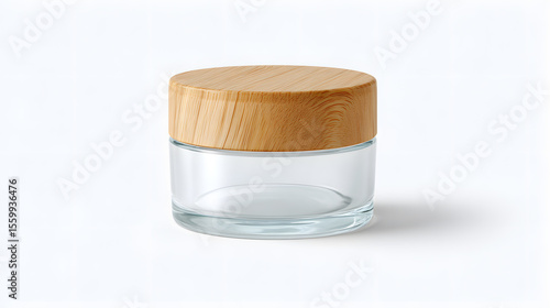 Glass cosmetic jar mockup with wooden lid on clean white background. Elegant container for skincare, cream or beauty product branding.