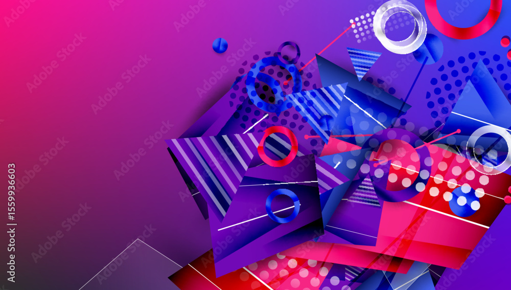 Fototapeta premium Abstract geometric composition. Vibrant purple, blue, red hues dominate. Shapes overlap, creating dynamic visual texture. Modern design elements present.