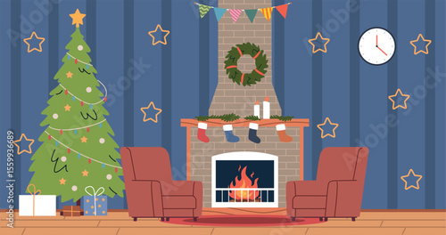 Interior of room with fireplace and armchairs. Family Christmas celebration. Xmas tree with star and glass balls. Gifts and socks with present. Cartoon flat style isolated vector concept