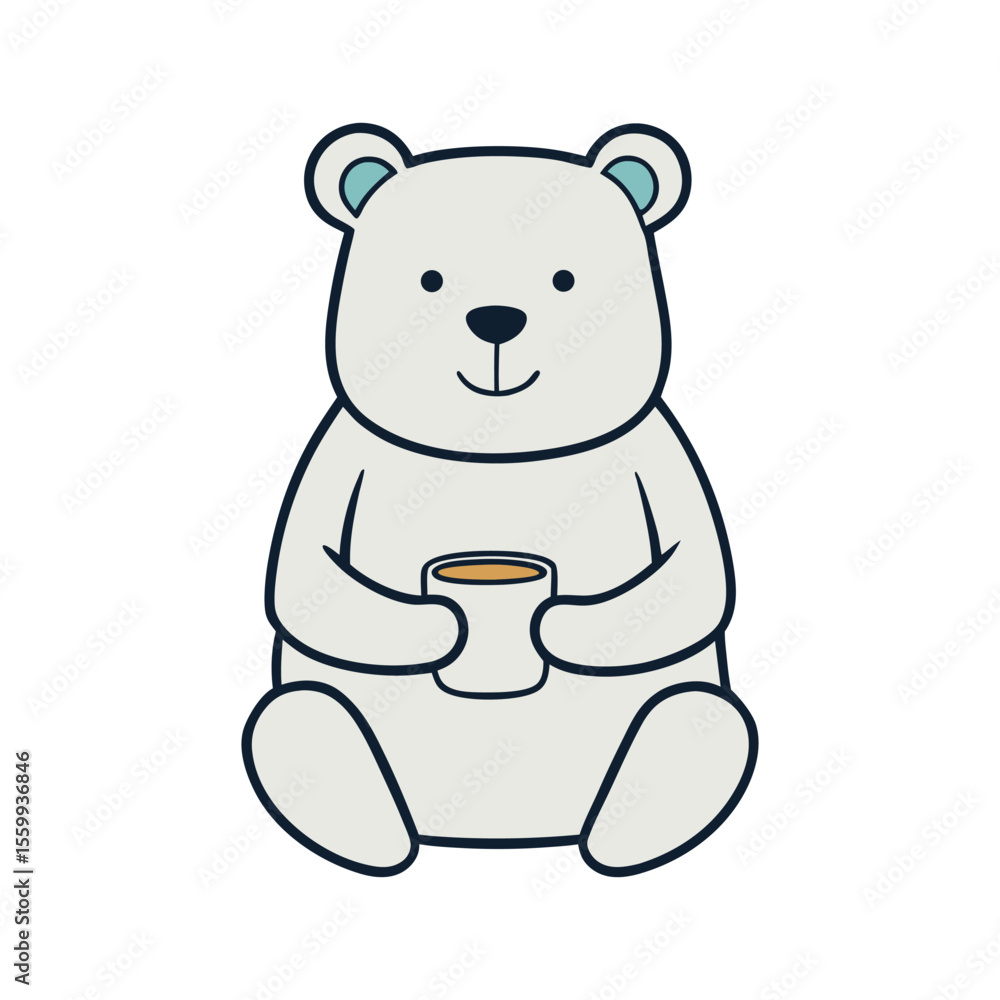 Obraz premium Blue Bear Drinking from Mug in Cozy Kitchen Cartoon Illustration