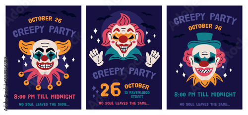 Evil clowns cards. Halloween holiday event, horror party invitation poster design, creepy circus joker characters, spooky celebration, scary face makeup, cartoon isolated garish vector set