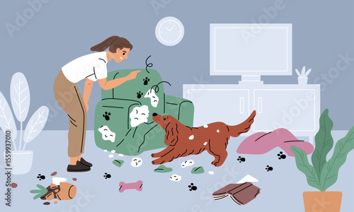 Dog behavior problem. Owner is raising pet, naughty puppy, room destroy, scattered items and damaged furniture, domestic animal bad habits cartoon flat isolated garish vector concept