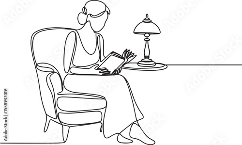 Continuous single line drawing of a woman reading a book under a lamp in minimal line art style


