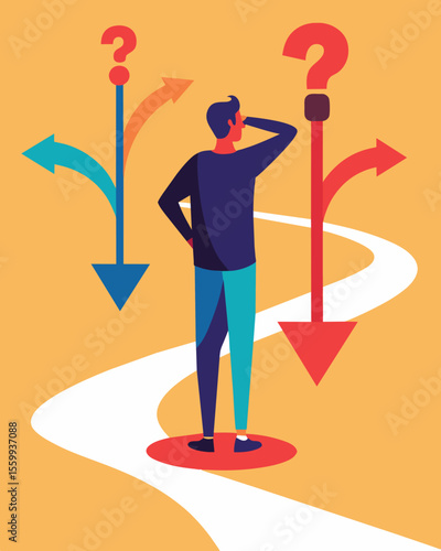 A person standing at a crossroads unsure which path to take as their conflicting thoughts and beliefs pull them in different directions causing cognitive dissonance.. Vector illustration