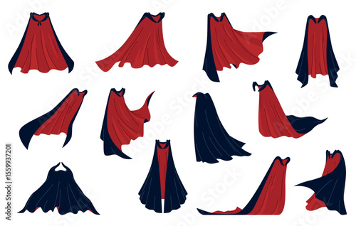 Black red vampire capes. Dracula double sided coats, party costume, mystical clothes elements, halloween accessories, masquerade and carnival cloth, nowaday vector cartoon isolated set