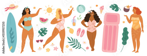 Beautiful women in swimwear. Summer vacations, beach elements, sexy fat girls, body positive people, happy pretty ladies, surfboard and air mattress, tropical leaves garish vector set