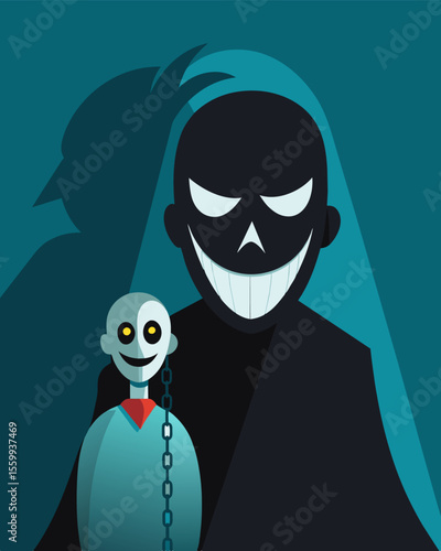 A shadowy figure lurking behind a smiling mask their true intentions revealed by the invisible chains that bind them to power and control.. Vector illustration