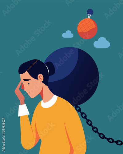 A person with a ball and chain attached to their head weighed down by the burdens of their own thoughts and insecurities.. Vector illustration