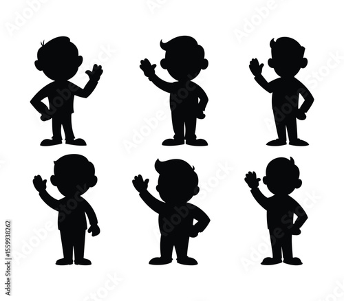 Silhouetted Cartoon Characters Waving in Varied Poses Illustration