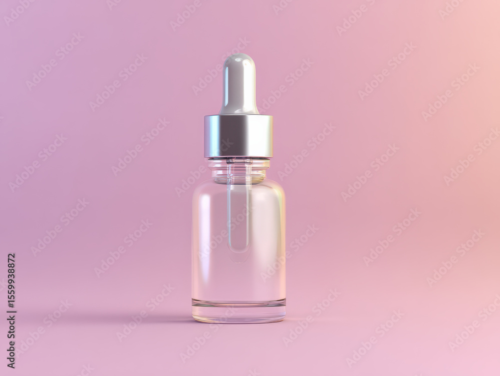 Clear serum bottle with dropper cap stands elegantly against soft pink background, showcasing its sleek design and modern aesthetic. bottle transparency highlights its contents, evoking sense Clear serum bottle with dropper cap stands elegantly against soft pink background, showcasing its sleek design and modern aesthetic. bottle transparency highlights its contents, evoking sense