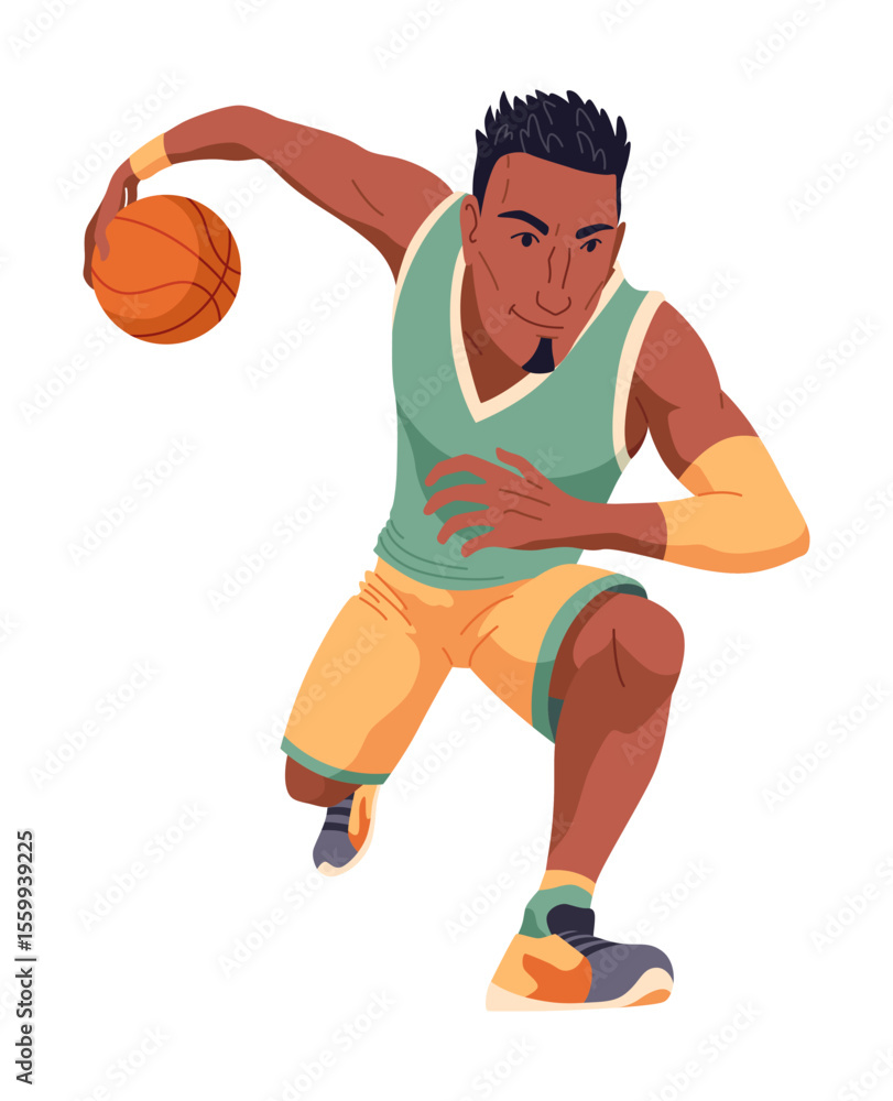 Fototapeta premium Basketball element. Basketball player in uniform holding ball. Professional sport game. Cartoon flat vector illustration isolated on white background