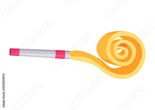 Party blower or noise maker icon. Rolled sound, celebration concept. Flat design of party horn sticker. Vector cartoon illustration