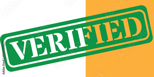 Green and orange verified stamp with white lettering on a split background