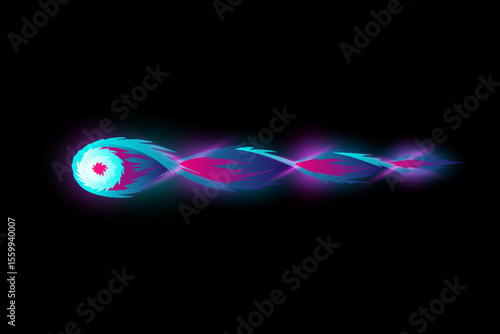 Speed effect cartoon vfx. Comic line blaster shot. Energy fire flame light. Neon color, asteroid flying rock. Flash lightning motion. Fantasy vector element