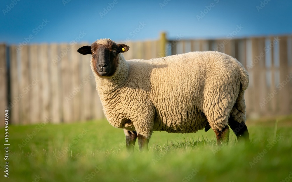 Obraz premium Close-up of a Sheep with Thick Wool in a Field