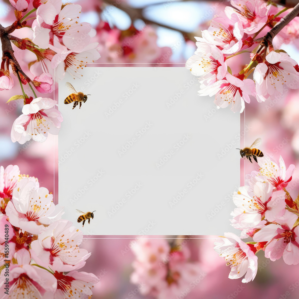 Fototapeta premium Floral Frame with Cherry Blossoms and Bees for Text, Springtime Background