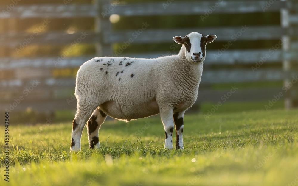 Obraz premium Spotted Sheep Grazing in Golden Light on a Lush Green Meadow