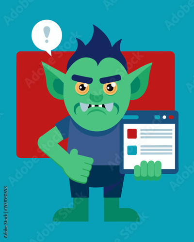 A malevolent entity taking the form of a troll posting hurtful and derogatory content on a persons blog or website.. Vector illustration